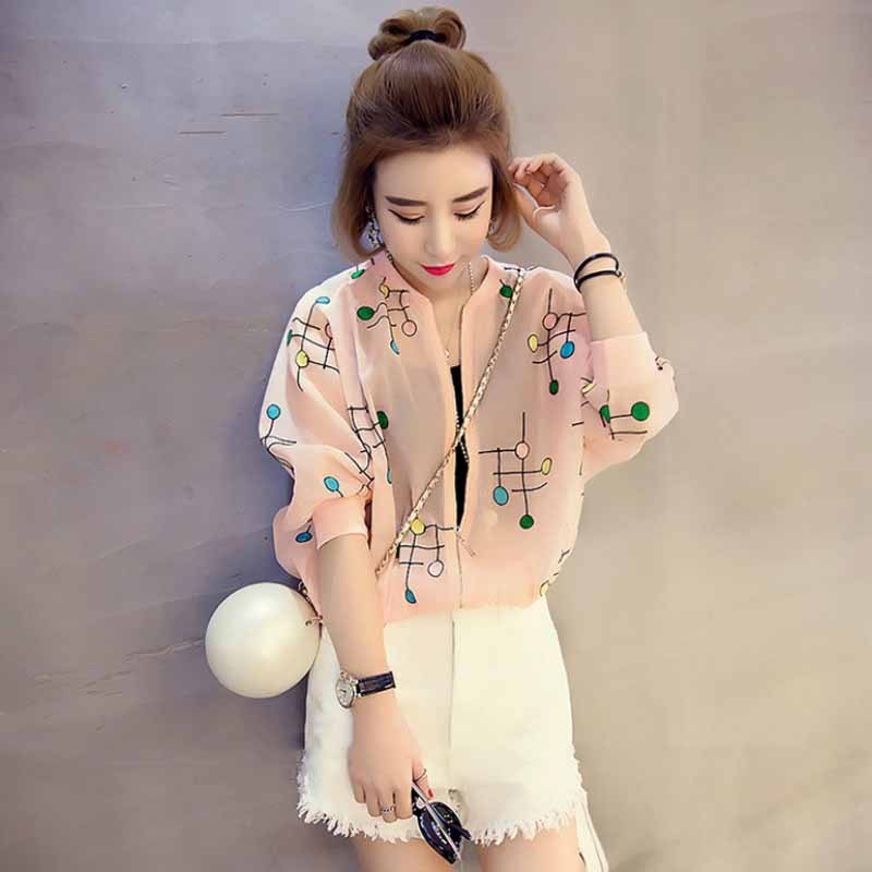 夏装新款韩版女士外搭长袖雪纺空调衫印花防晒衣薄款开衫短款外套
