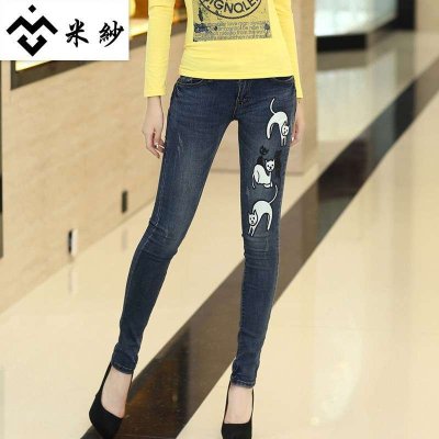 米纱2015新款韩版萌猫图案修身提臀性感牛仔长裤3651