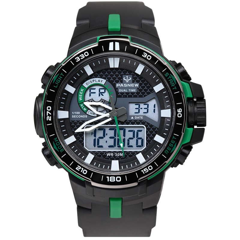 百圣牛（PASNEW）手表 多功能电子表男表 防水学生儿童计时夜光双显表460 黑绿色