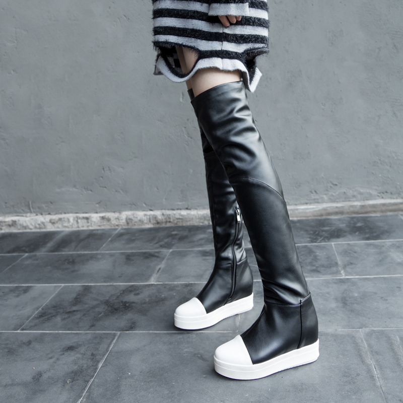 2017秋冬新款长筒靴PU材质橡胶底低跟平跟欧美时尚女靴