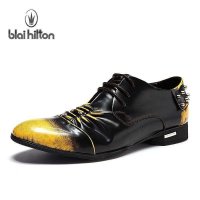 布莱希尔顿2014新品 时尚铆钉褶皱真皮 男士韩版擦色尖头皮鞋
