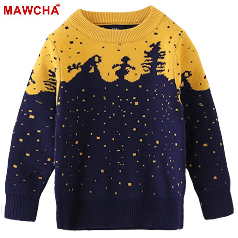 Mawcha 儿童男童双层加厚提花棉质毛衣针织衫中小儿童圆领套头衫