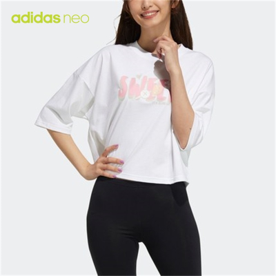 阿迪达斯NEO短袖女2022夏季新款运动服宽松圆领休闲半袖T恤HB6871