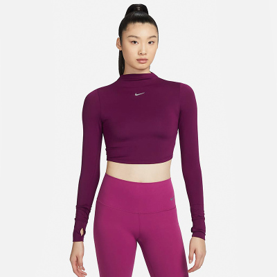 Nike 纯色半高领修身短款速干长袖T恤 女款 波尔多酒红色 FB5277-610