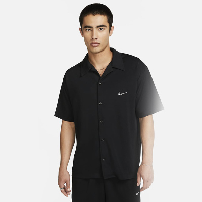 Nike 纯色品牌Logo翻领单排扣短袖休闲衬衫 男款 黑色 FB6985-010
