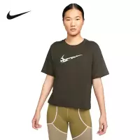 Nike 背面字母图案休闲纯色大Logo宽松圆领短袖T恤 女款 绿色 DQ3308-355