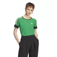 adidas originals三叶草 品牌Logo印花条纹休闲圆领短袖T恤 女款 绿色 IK7844