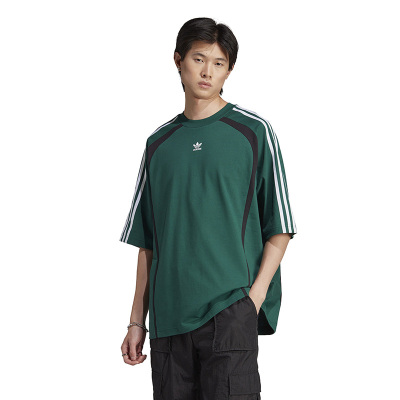 adidas originals三叶草 三道杠Logo刺绣运动宽松圆领短袖T恤 男款 绿色 IW3638