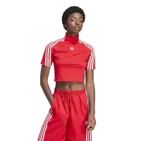adidas originals 辣妹系列 三道杠Logo刺绣紧身短款高领短袖T恤 女款 红色 IV9320