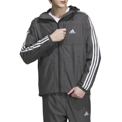 adidas 条纹字母印花连帽夹克外套 男款 黑色 IK7325