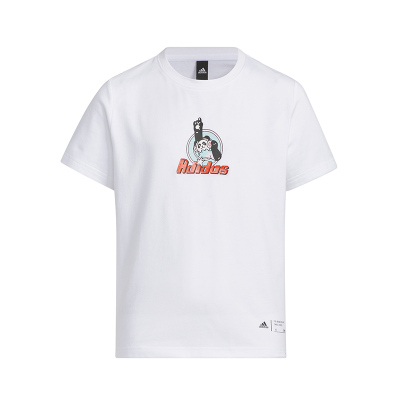 adidas 童装 Cotton Tee 卡通动漫字母印花罗纹圆领短袖T恤 女童 白色 IN3278