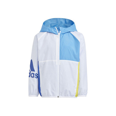 adidas 童装 拼色字母Logo印花连帽夹克外套 男童 白色/蓝色 HM9686