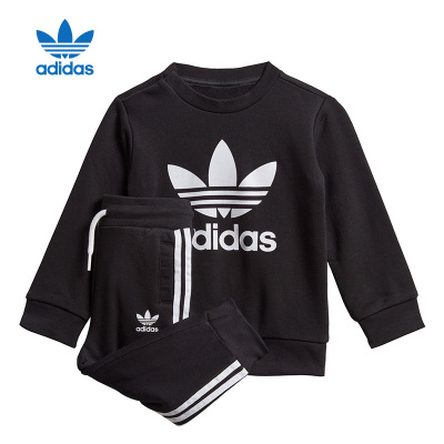 adidas originals 童装 纯色Logo印花圆领长袖卫衣条纹系带束脚长裤套装 男童 黑色 ED7679