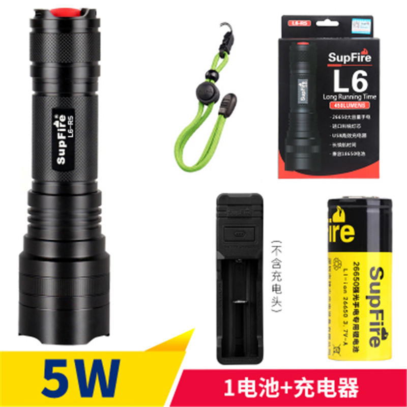 神火SupFire 强光手电筒 L6-R5 8瓦LED 400流明 高亮泛光型26650锂电池 强光 户外充电 远射