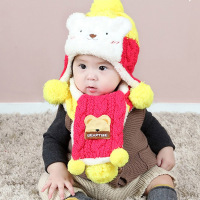 贝迪牛+冬季婴儿宝宝帽加绒麻花小熊套头帽围巾两件套