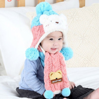 贝迪牛+冬季婴儿宝宝帽加绒麻花小熊套头帽围巾两件套