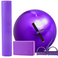 蒙拓嘉瑜伽垫套装 6mm瑜伽垫 65cm/75cm瑜伽球 瑜伽砖 脚蹬拉力器（送气筒） 紫色瑜伽套装（带65CM瑜伽球）