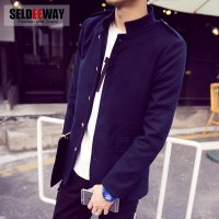 Seldeeway秋冬装新款男士单排扣日系毛呢大衣男修身复古风衣休闲外套