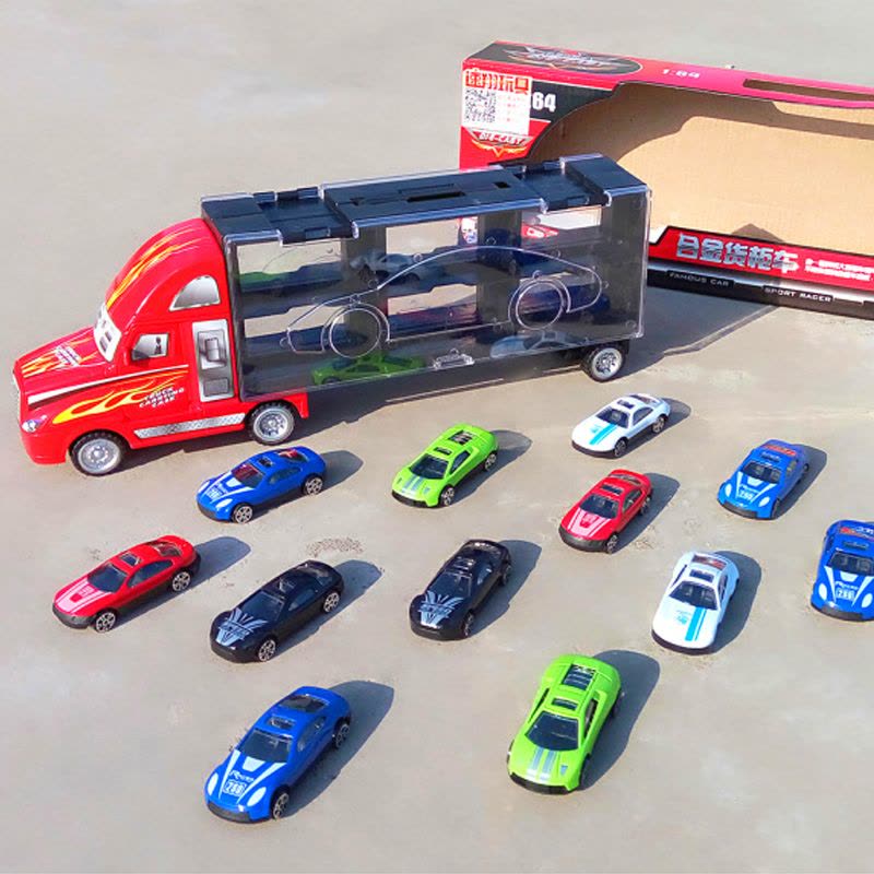 合金车模手提合金车货柜车 仿真合金车模 儿童玩具车套装含12辆小汽车 益智玩具 速翔玩具图片
