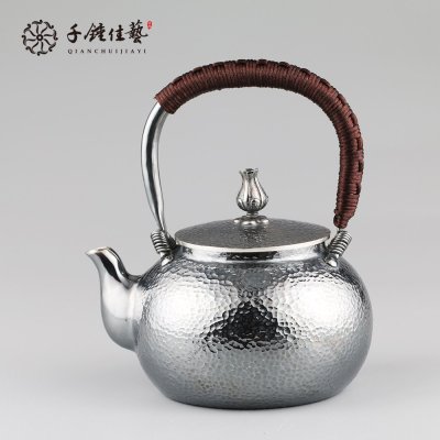 千锤佳艺纯手工99足银茶具日本银壶熏银锤点一体壶茶道功夫茶茶壶