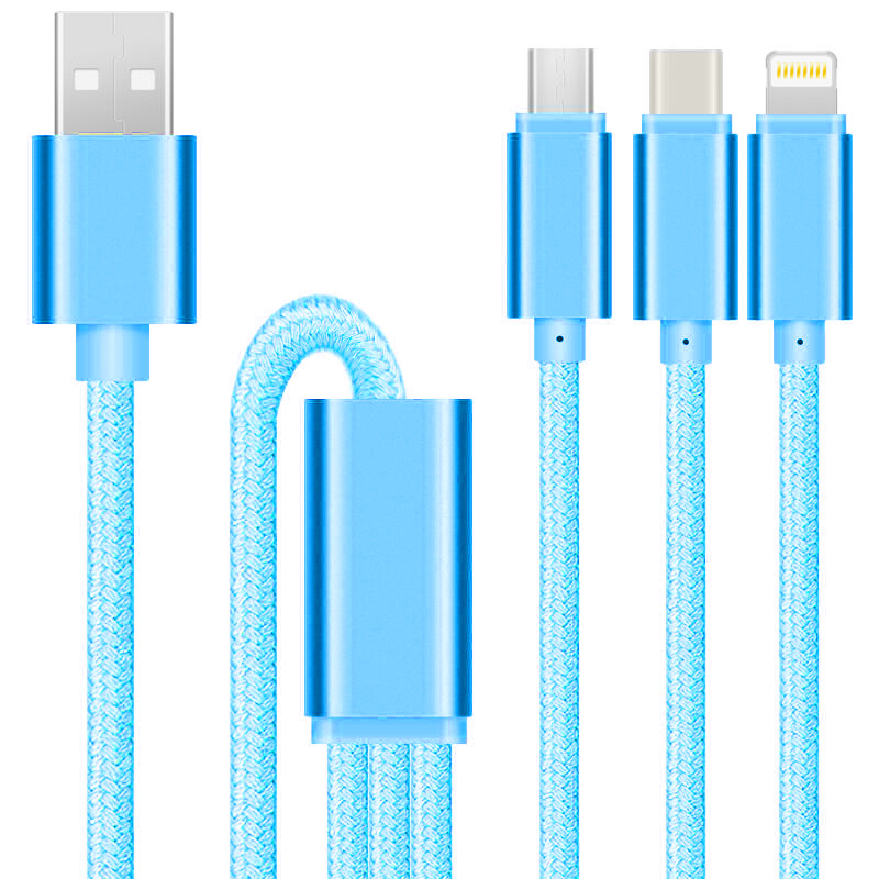 卡姆昂尼龙编织三合一数据线多功能充电线 适用于苹果5/S/6Plus/小米/三星安卓手机 KMA 蓝色