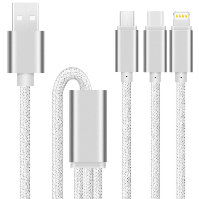 卡姆昂尼龙编织三合一数据线 USB接口 KMA多功能充电线1米款 机适用于苹果5/S/6Plus/小米/三星安卓 太空银