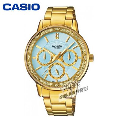 卡西欧casio手表 时尚商务三眼淡蓝盘金色钢带女表