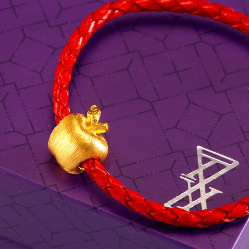 天鑫洋 足金黄金皮绳手链 苹果造型金珠手链 3D硬金拉丝工艺图片