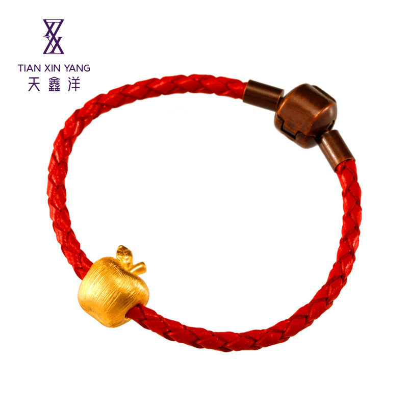 天鑫洋 足金黄金皮绳手链 苹果造型金珠手链 3D硬金拉丝工艺