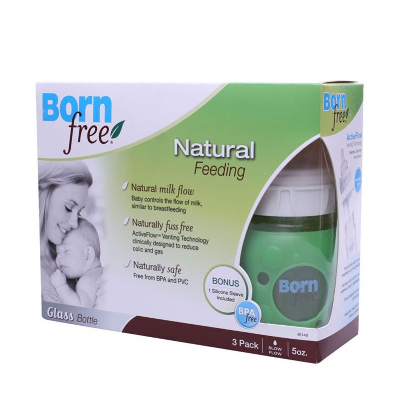 [清仓]Born Free 婴儿宽口径玻璃奶瓶 带硅胶套 新生儿奶瓶 3个装 5安士 50ml*3个 2021年11月