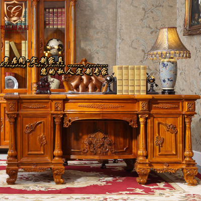 桌家用别墅雕花高端书房电脑桌大班台老板桌定制美式实木办公桌书