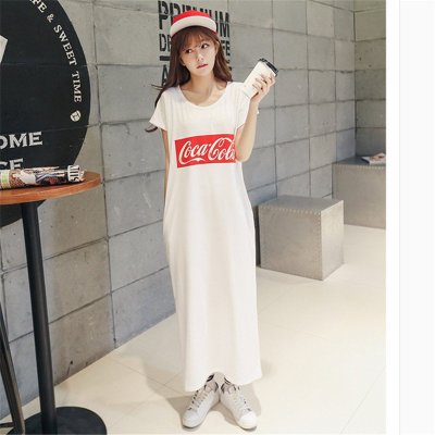 雅内特2016夏装新款韩版女装宽松可乐标志开叉短袖连衣裙