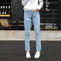 2016女装韩版磨破直筒牛仔裤