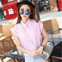 2016新款韩版夏季格子立领短袖衬衫 短款学生衬衣女