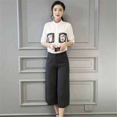 2016韩版新款两件套气质衬衫七分条纹阔腿裤时尚套装女