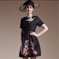2016夏季新款女装圆领短袖印花连衣裙