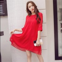 2016新款红色丝中袖连衣裙中长款宽松