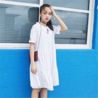 2016夏季女装新款 V领条纹棉麻短袖连衣裙