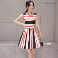 2016夏装新款韩版女装短袖修身淑女条纹连衣裙
