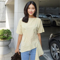 2016夏季韩国时尚不规则裁剪拼接条纹衬衣女上衣
