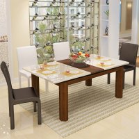 欧尚杰 家具拉伸缩餐桌小户型折叠米白钢化玻璃餐桌椅组合4人饭桌