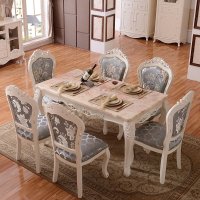 凯莎豪庭欧式大理石餐桌现代简约长方形饭桌客厅雕花实木脚餐台