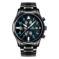 宾卡达飞行员全自动机械表 黑色钢带防水腕表 时尚潮流男士手表7001H