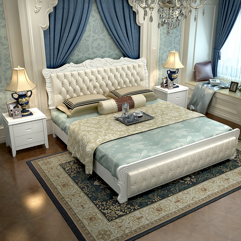 青木川白色实木床18米双人床15m大床铺收纳储物木质高箱床欧式床婚床