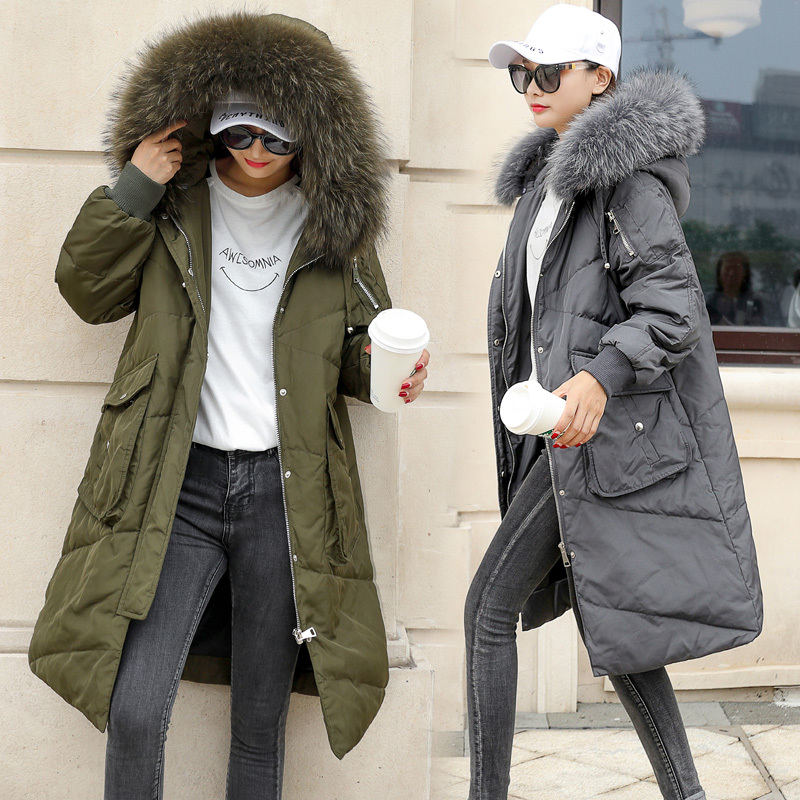 歌诺瑞丝2017冬季女装新款韩版气质修身过膝中长款加厚大毛领连帽羽绒服外套女8020