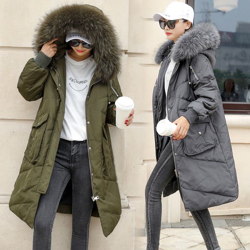 歌诺瑞丝2017冬季女装新款韩版气质修身过膝中长款加厚大毛领连帽羽绒服外套女8020图片