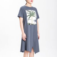 SIMINA原创设计女装 2016夏印花T恤女运动风短袖体恤中长款连衣裙