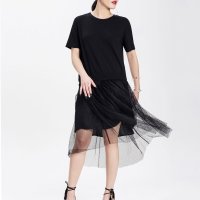SIMINA原创设计女装 2016春夏款女士裙 短袖拼网纱连衣裙中长款