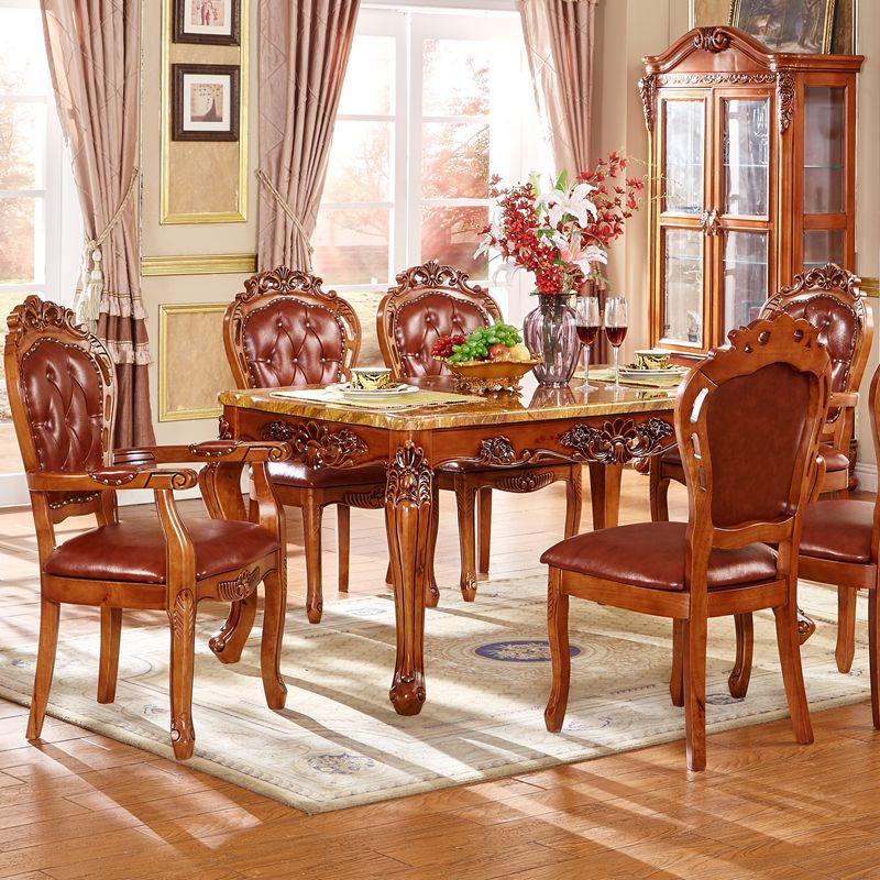 宫寓家具欧式长方形大理石餐桌真皮椅子美式实木餐桌椅套餐餐厅吃饭桌 小户型餐桌 4-6人餐桌