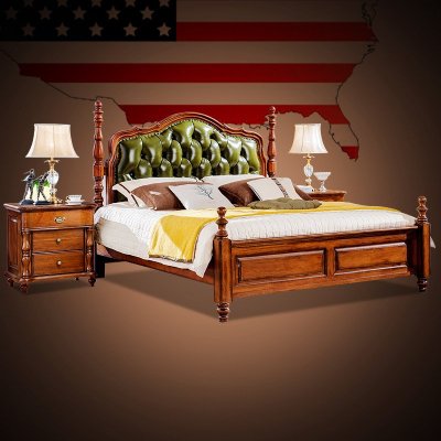古卡罗家具 床 实木床 真皮床简美式卧室双人床1.5/1.8米别墅欧式全实木婚床